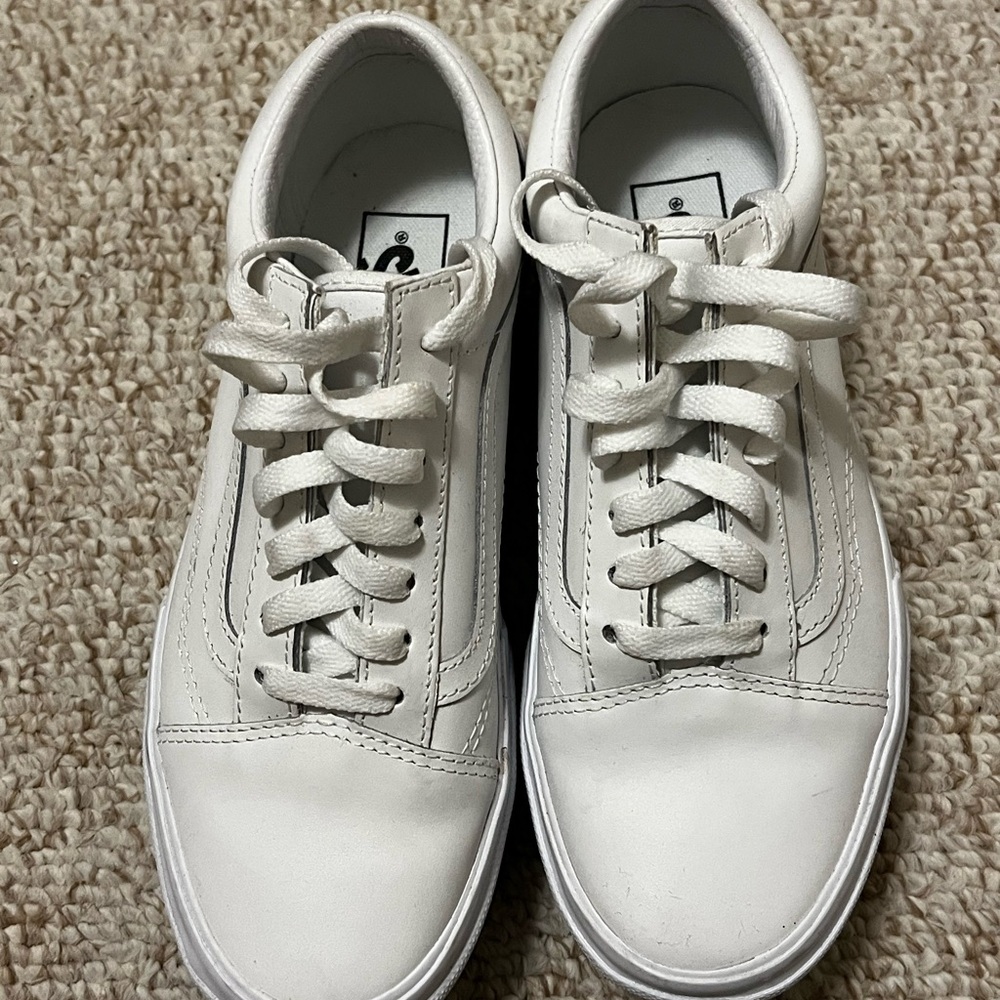 Vans White Platform Leather Sneakers with Signature Stripe